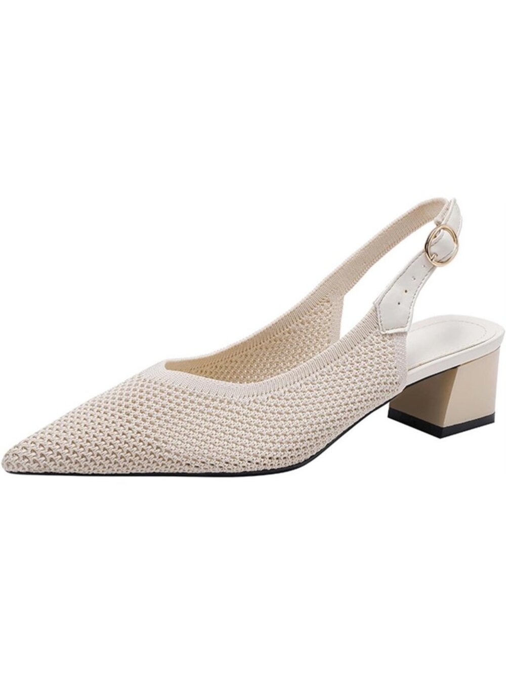 Women's Beige Slingback Block Heel Pumps Ladies Closed Pointed Toe Weave Sandals